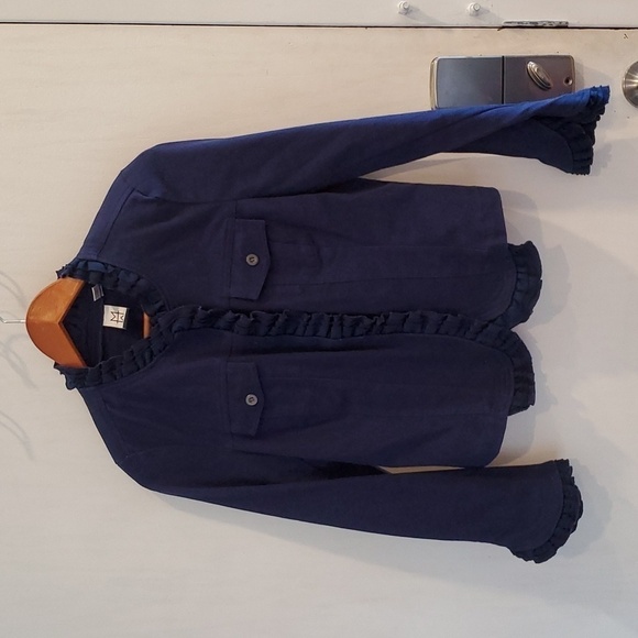 M by Marc Bouwer Navy Ruffle Trim Twill Jacket with Pockets S - Picture 3 of 8